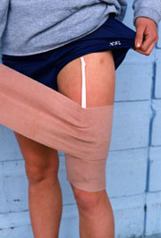 <center<Using a Strip of Tape to Fasten a Thigh Tensor</center<